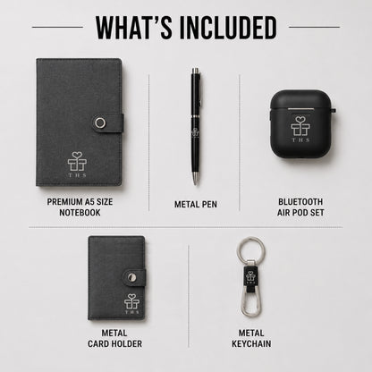 Canvas Core 5-in-1 contents — premium A5 canvas notebook, metal pen, Bluetooth wireless earbuds (TWS), metal card holder and metal keychain