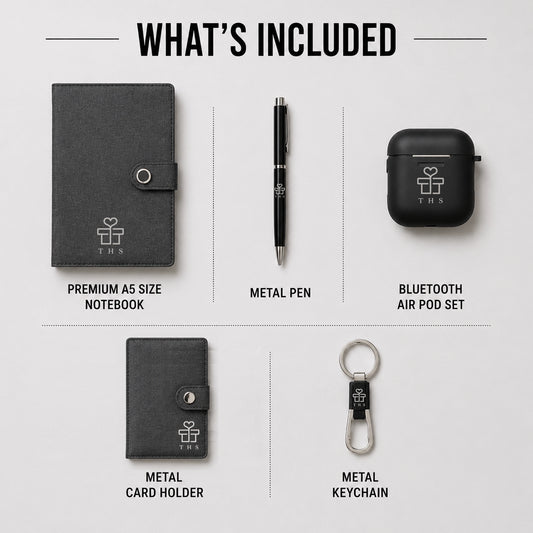 Canvas Core 5-in-1 contents — premium A5 canvas notebook, metal pen, Bluetooth wireless earbuds (TWS), metal card holder and metal keychain