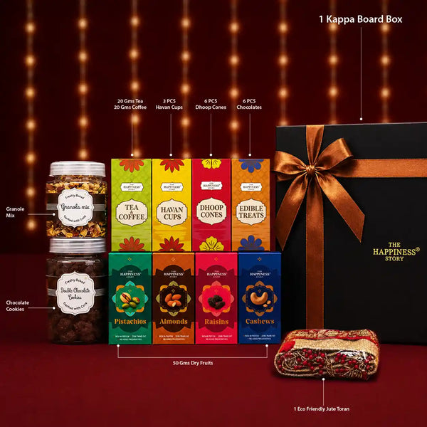 Labelled contents of the black Diwali hamper: granola mix, chocolate cookies, 20g tea, 20g coffee, 3 havan cups, 6 dhoop cones, 6 chocolates, 50g each of pistachios, almonds, raisins and cashews, and an eco-friendly jute toran