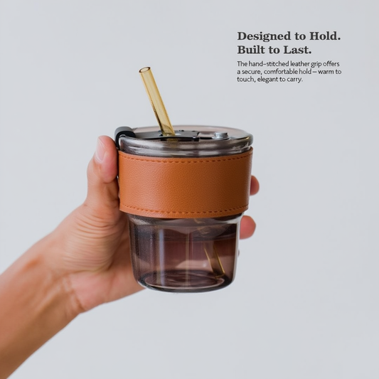 Leatherite-Wrapped Glass Tumbler with Sealed Straw Lid