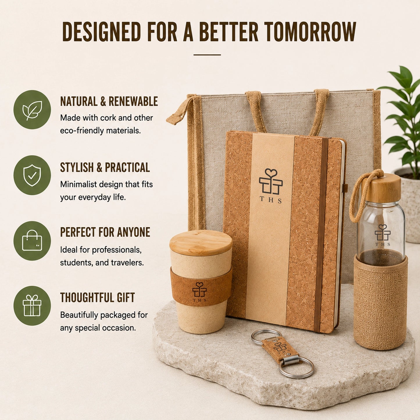 Sustainable jute and cork gift set styled with plant — cork notebook, wheat-fibre cork mug, jute-sleeve glass bottle and cork keychain by a jute tote