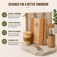 Sustainable jute and cork gift set styled with plant — cork notebook, wheat-fibre cork mug, jute-sleeve glass bottle and cork keychain by a jute tote
