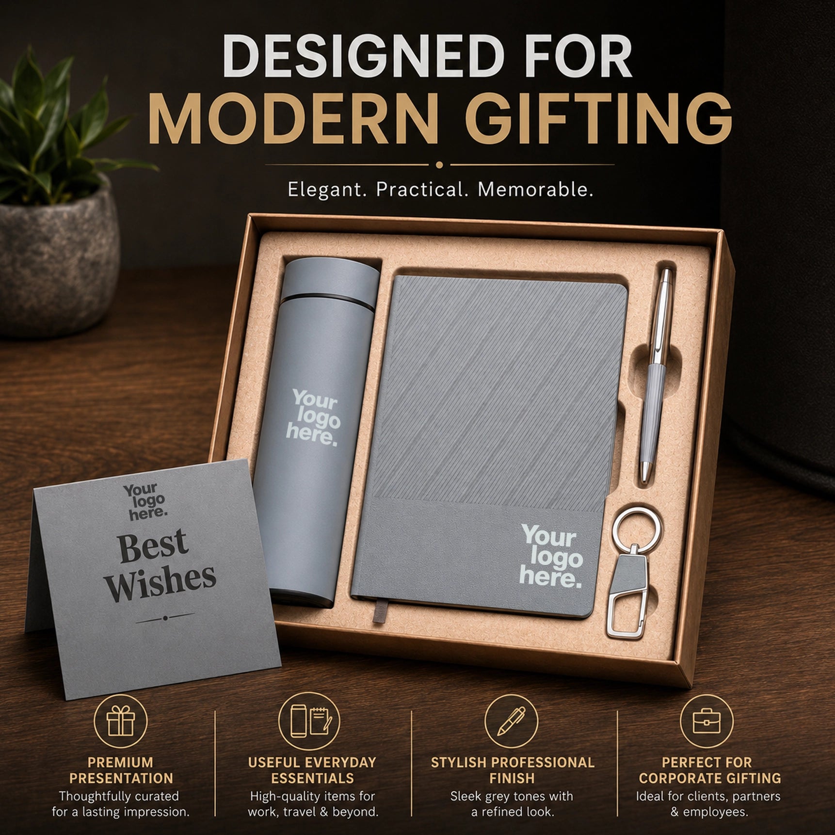 Grey Fusion tonal grey gift set styled for modern gifting — grey flask, textured notebook, grey-grip pen, keychain and greeting card
