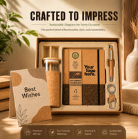  Recycled cork business gift set crafted to impress — tea-ground cork notebook, cork pen, cork glass straw tumbler and keychain in kraft packaging