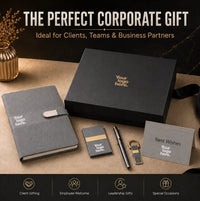 Premium corporate gift set for clients, teams and business partners with branded box, notebook, card holder, pen, keychain and greeting card