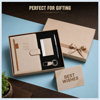 Ivory diary and pen gift set with card holder and keychain in a ribbon-wrapped rigid gift box for corporate gifting
