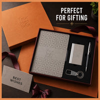 Hexa Mark Hardbound hardbound notebook corporate gift set in orange presentation box with grey notebook, metal accessories and branded greeting card
