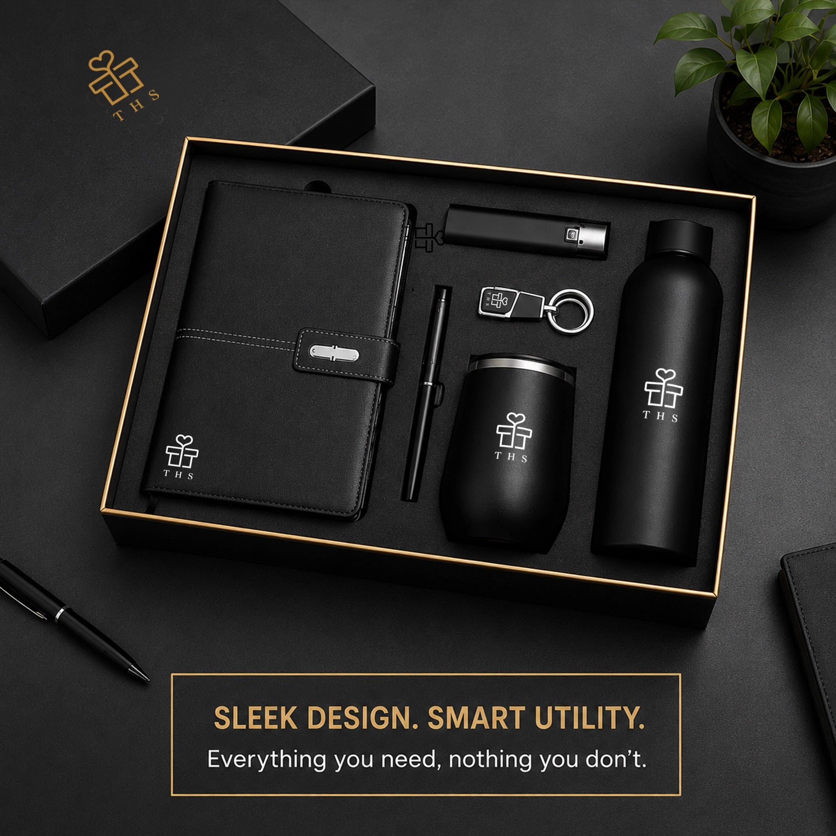 Matte Vault corporate gift set contents flat lay — A5 notebook, torch power bank, keychain, 500 ml insulated bottle, metal pen, insulated metal mug
