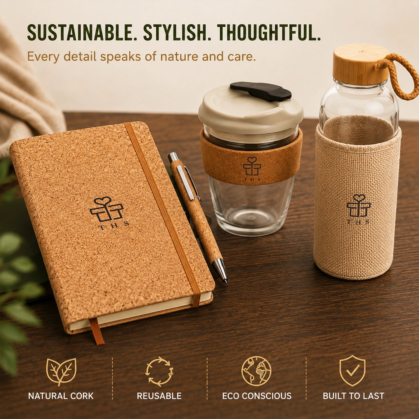 Sustainable cork gift set on desk — cork notebook with pen, double-wall glass coffee cup with cork sleeve and borosilicate bottle with jute sleeve