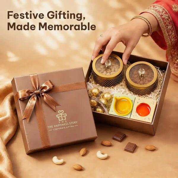 A hand in festive dress lifting a dry fruit jar lid from an open Diwali gift hamper, with the words Festive Gifting Made Memorable