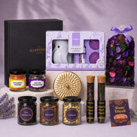 Labelled contents of the Sugandh Diwali hamper — one kappa board box, lavender vaporizer set, potpourri, scented candle, kesariya mishri, mouth freshener, two teas, greeting card and three 50g dry fruit jars