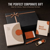 Orange semi circle lock notebook gift set for clients, teams and business partners with branded box, card holder, metal pen, keychain and greeting card
