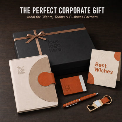 Orange semi circle lock notebook gift set for clients, teams and business partners with branded box, card holder, metal pen, keychain and greeting card

