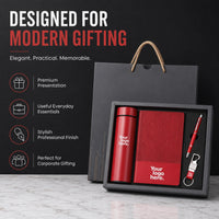 Melody Soft smart flask gift set designed for modern corporate gifting — red insulated flask, ribbed notebook, pen and keychain in black gift box