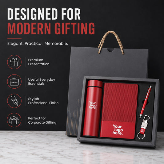 Melody Soft smart flask gift set designed for modern corporate gifting — red insulated flask, ribbed notebook, pen and keychain in black gift box