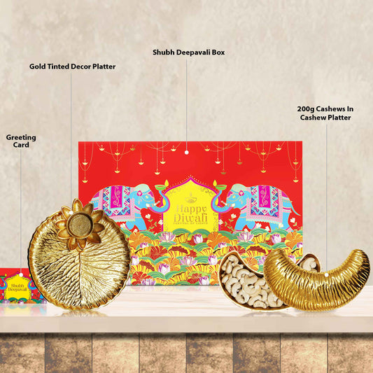 Open Luxury Elegance Box showing handcrafted brass puja thali plate, foil Kappa box, and Diwali message card