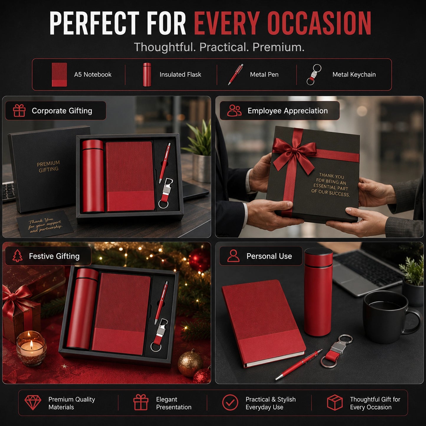  Melody Soft gift set for corporate gifting, employee appreciation, festive and personal use, shown in red with flask, notebook, pen and keychain