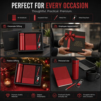  Melody Soft gift set for corporate gifting, employee appreciation, festive and personal use, shown in red with flask, notebook, pen and keychain