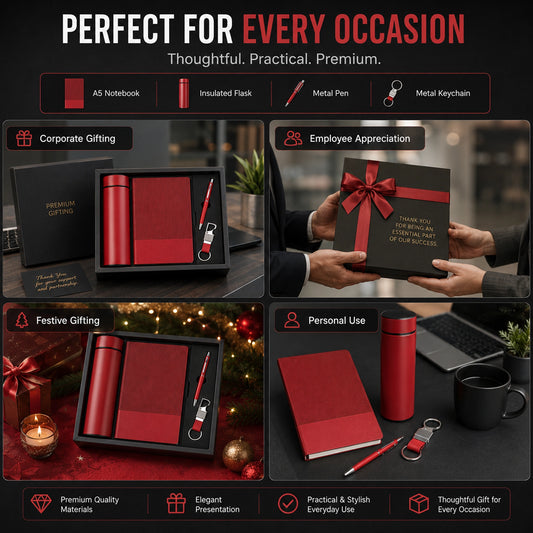  Melody Soft gift set for corporate gifting, employee appreciation, festive and personal use, shown in red with flask, notebook, pen and keychain