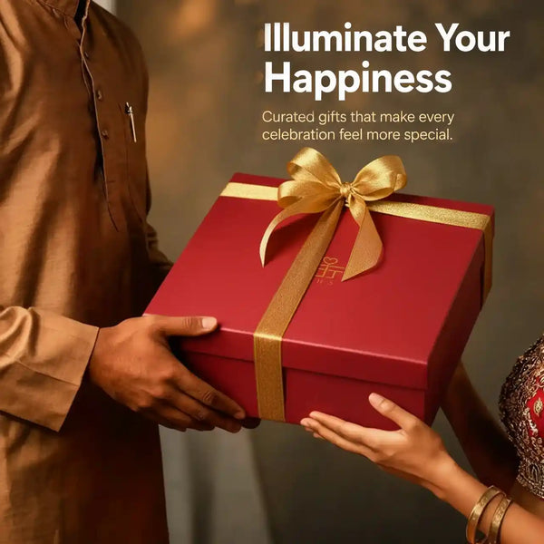 Two people exchanging a ribboned red Diwali gift box, with the words Illuminate Your Happiness across the frame
