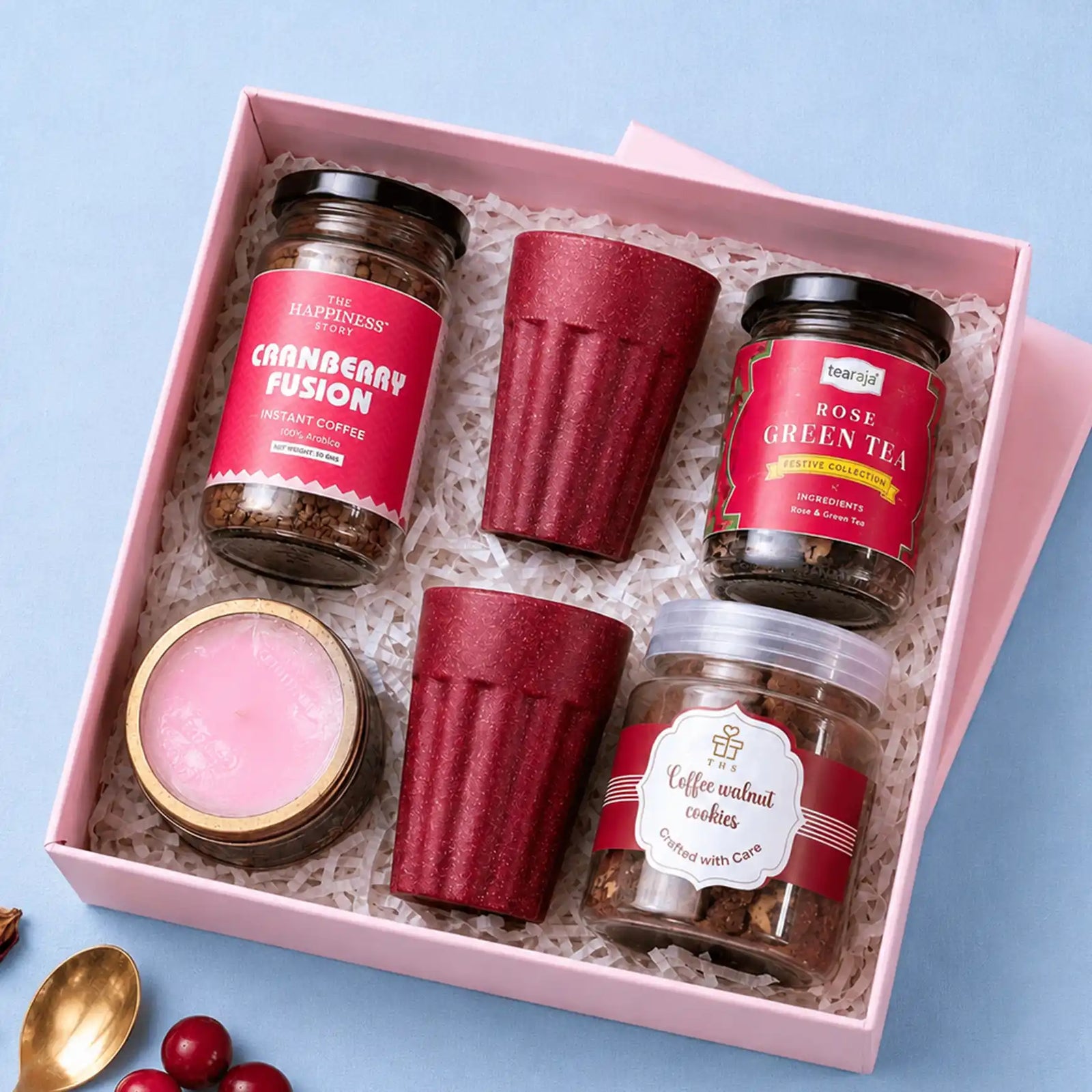 Duet — Tea & Coffee Gift Hamper | Rose Green Tea, Cranberry Instant Coffee, Coffee Walnut Cookies, 2 Rice Husk Kullads & a Lavender Candle