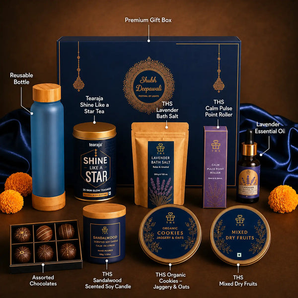 Labelled contents of the Diwali wellness hamper — premium gift box, reusable bottle, skin glow tea, lavender bath salt, calm pulse point roller, lavender essential oil, assorted chocolates, sandalwood scented soy candle, organic jaggery and oat cookies and mixed dry fruits