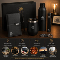  Matte Vault open gift box — sleek black executive corporate gift set with smart utility, notebook, power bank, mug and bottle