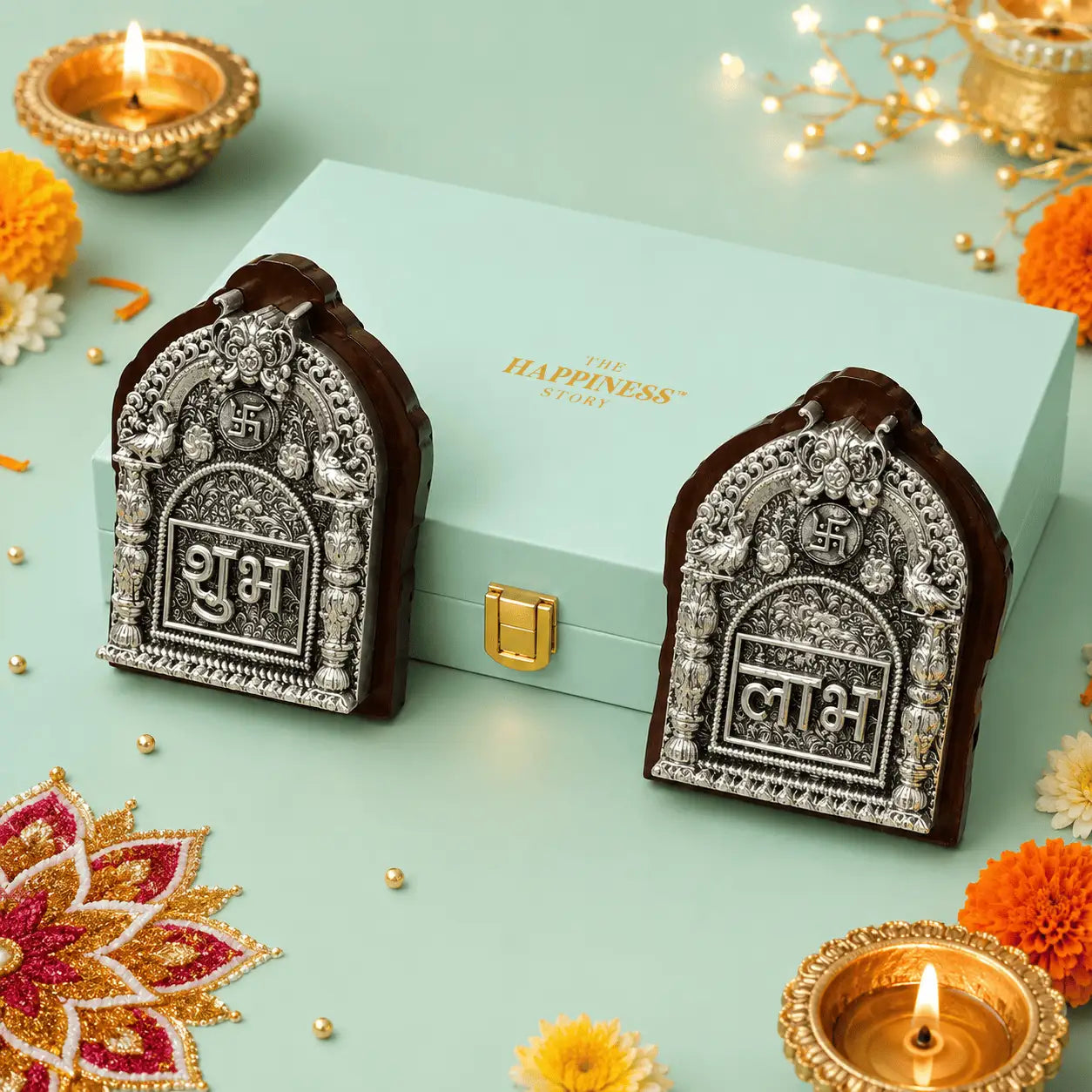 Shubh Labh Set — Antique Silver-Finish Steel on a Wooden Base | Free-Standing Pair for the Mandir, Console or Entrance, in a Satin-Lined Gift Box