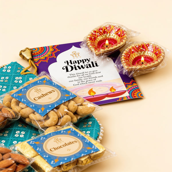 Two hand-painted Diwali diyas burning beside an open Happy Diwali greeting card, with the cashew and chocolate packs and the printed potli fabric alongside
