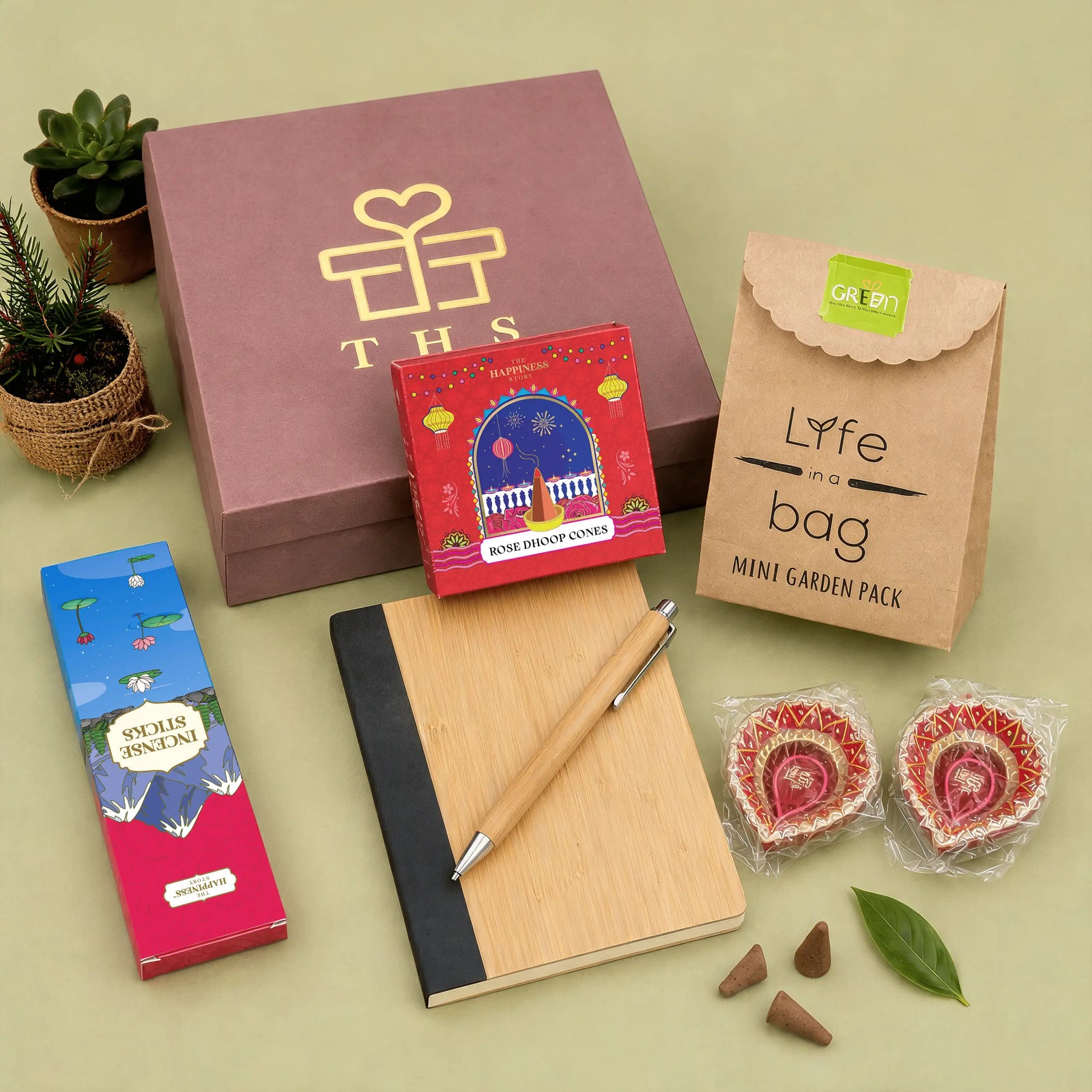 Hara Diwali — Eco-Friendly Diwali Gift Hamper | Bamboo Notebook & Pen, Incense, Rose Dhoop Cones, 2 Diyas & Planter Kit