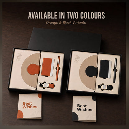 Arc Lock Executive semi circle lock notebook gift set available in orange and black variants with A5 notebook, card holder, pen, keychain and greeting cards