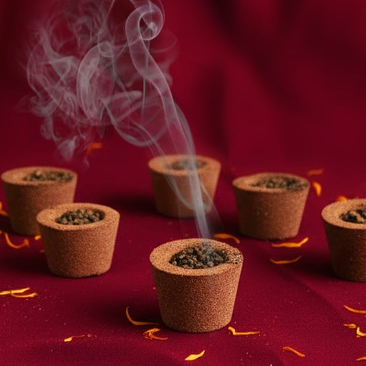 Burning Sambrani Havan Cup releasing sacred aromatic smoke for puja and wellness rituals – natural dhuno fragrance