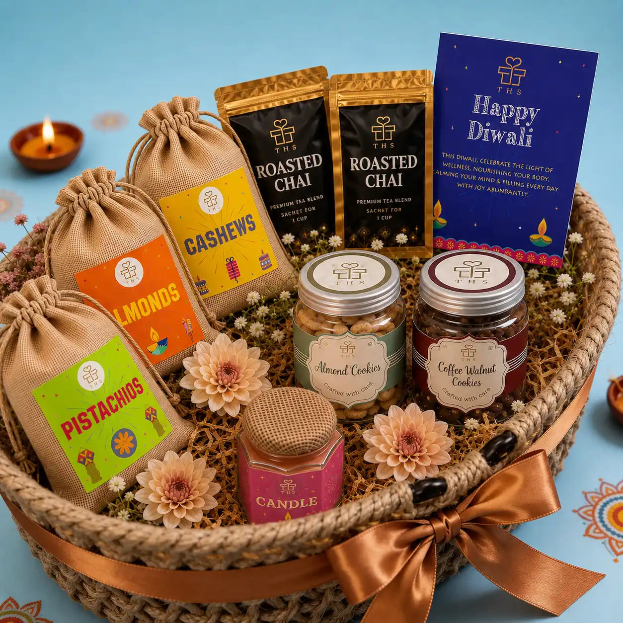 Aangan — Diwali Gift Basket | Handwoven Open Keepsake Basket with 150g Dry Fruits, Almond & Coffee Walnut Cookies, Jasmine Candle & Roasted Chai