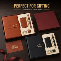 Elite Curve Pro premium A5 diary gift set available in tan and black variants with diary, metal card holder, metal pen, keychain and greeting card