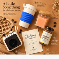Labelled contents of the employee welcome kit — reusable travel coffee cup, scented candle, Classic Vanilla instant coffee, Welcome Onboard card and portable Bluetooth speaker — captioned Useful Essentials for New Beginnings