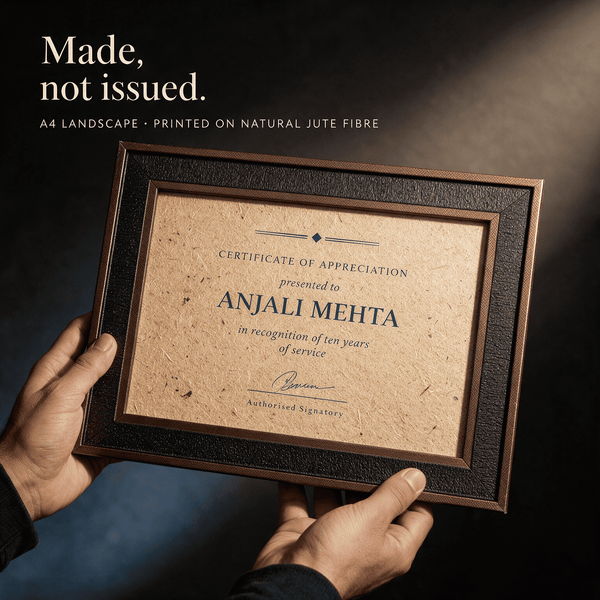 Two hands holding an A4 certificate of appreciation printed on natural jute fibre in a textured frame