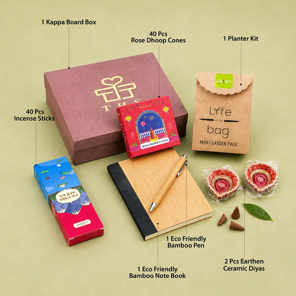 Labelled contents of the Hara Diwali eco hamper — one kappa board box, 40 rose dhoop cones, 40 incense sticks, one planter kit, one bamboo notebook, one bamboo pen and two earthen diyas