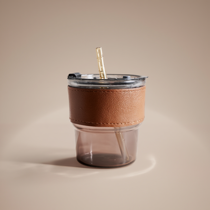 Leatherite-Wrapped Glass Tumbler with Sealed Straw Lid