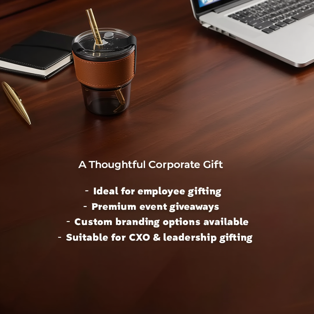 Leatherite-Wrapped Glass Tumbler with Sealed Straw Lid