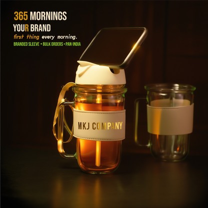 Glass Mug with Dual Sipper Lid & Built-In Phone Stand