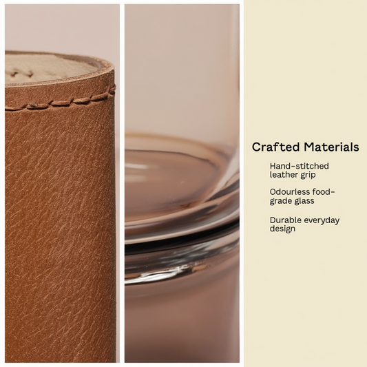 Leatherite-Wrapped Glass Tumbler with Sealed Straw Lid