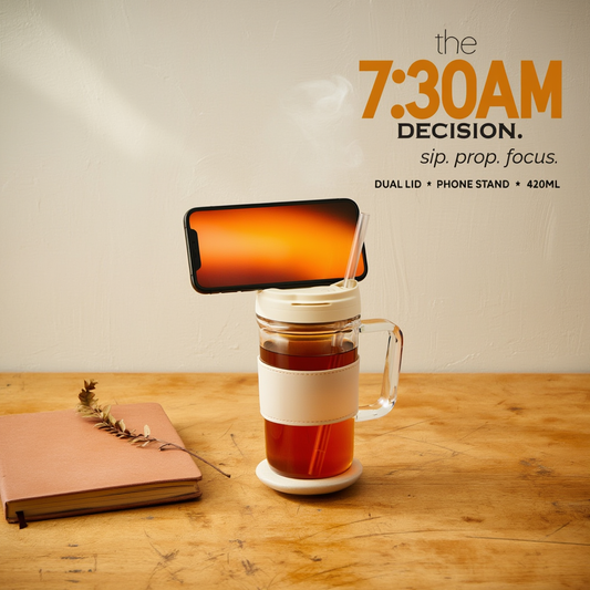 Glass Mug with Dual Sipper Lid & Built-In Phone Stand