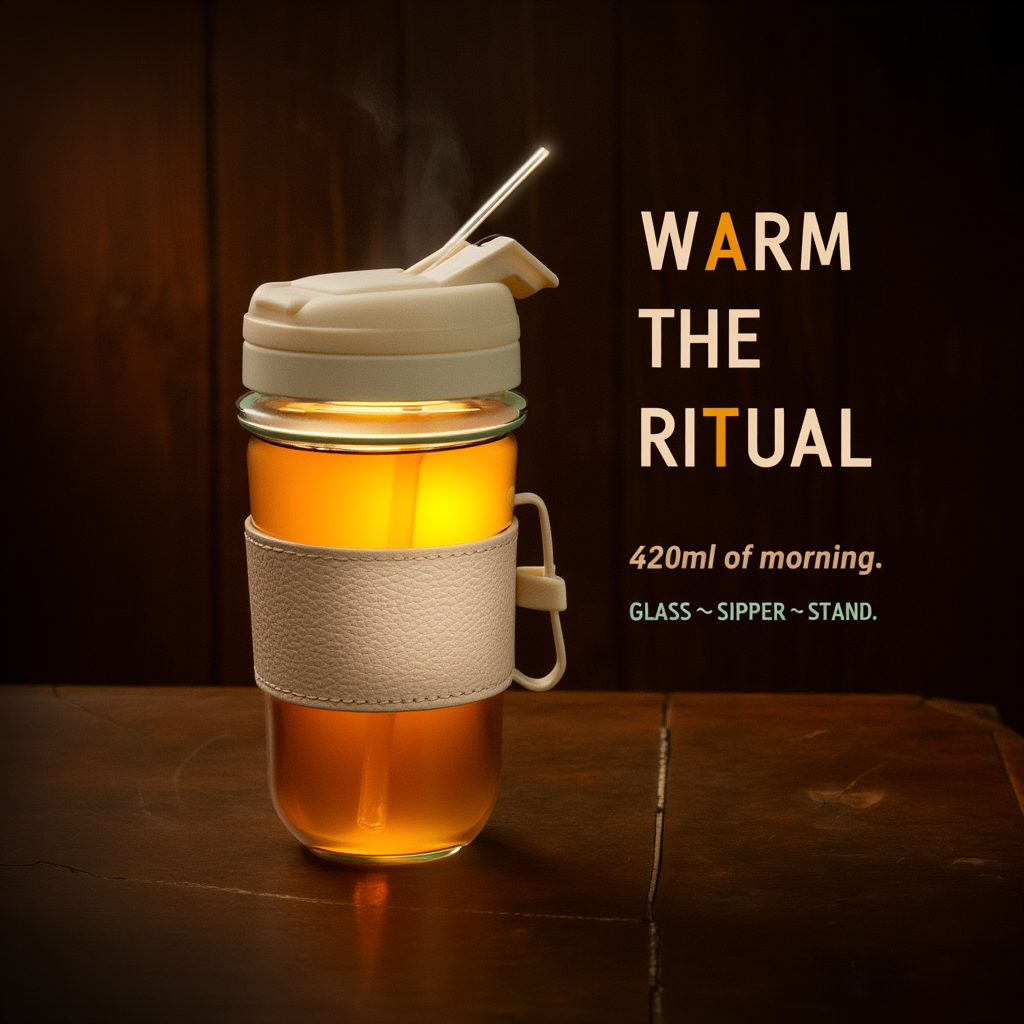 Glass Mug with Dual Sipper Lid & Built-In Phone Stand