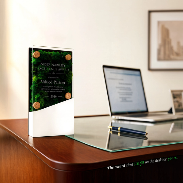 Preserved Botanical Award Plaque — Real Moss, Custom Engraved Acrylic Cover