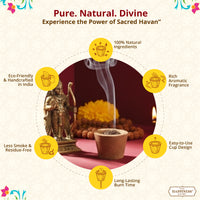 Features of The Happiness Story Sambrani Havan Cups: natural ingredients, long burn time, eco-friendly handcrafted design
