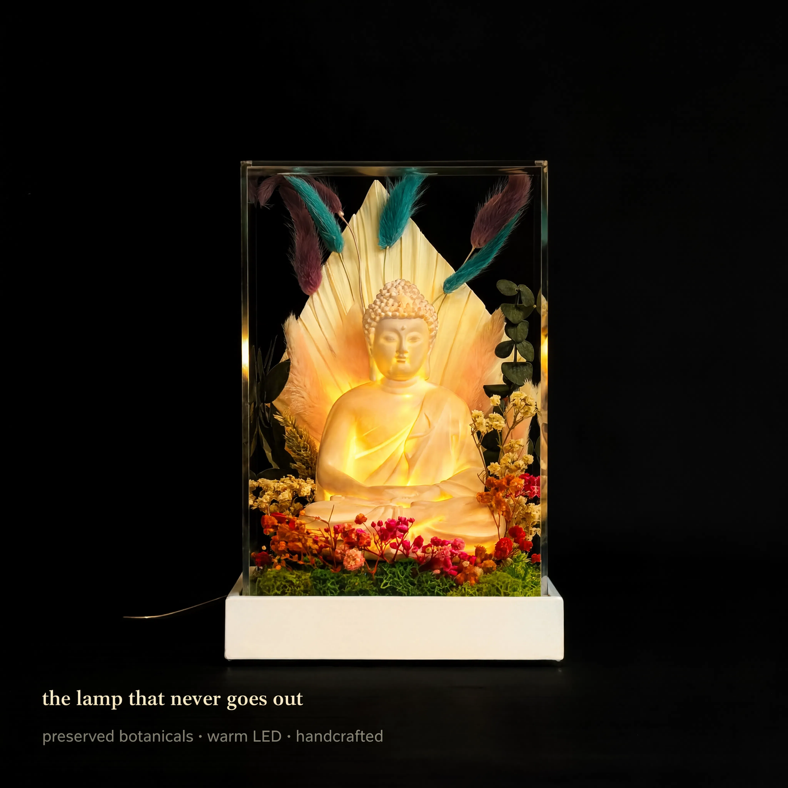Buddha Terrarium — Preserved Moss & Flowers, Warm LED, Acrylic Enclosure