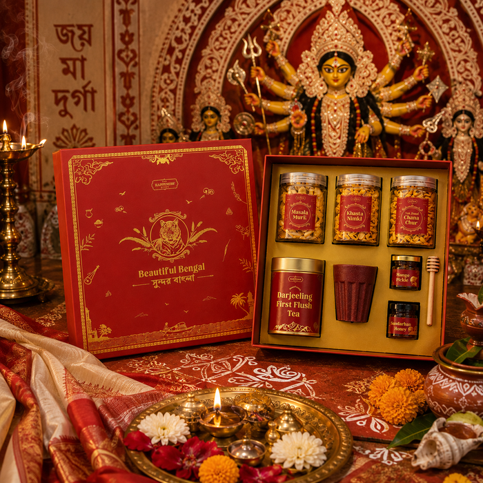 Durga Puja team gifting — half-open Beautiful Bengal Box