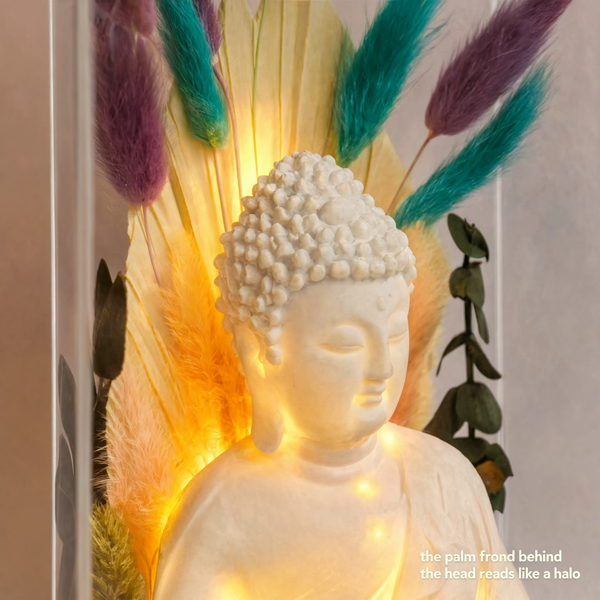 Buddha Terrarium — Preserved Moss & Flowers, Warm LED, Acrylic Enclosure