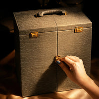 Royal Majesty silver-plated tea set — closed crocodile-textured trunk with gold hardware, front view