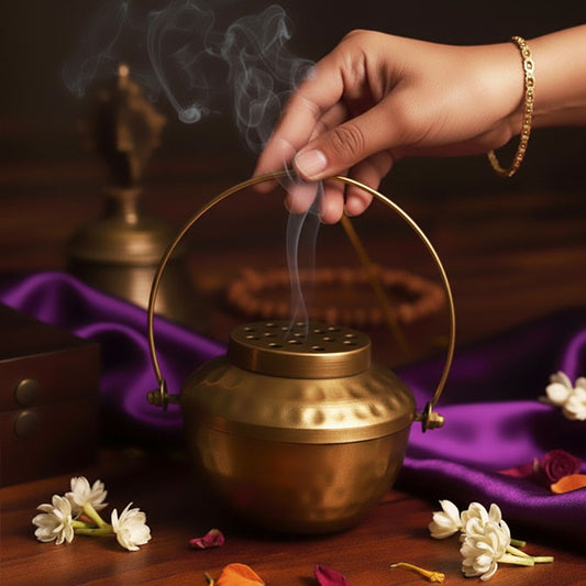 Round aluminium loban burner in gold with lid – devotional décor piece